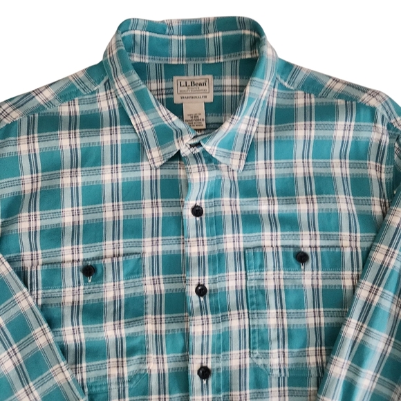 L.L. BEAN Teal Plaid Flannel Shirt traditional fit men's size medium - Picture 5 of 13